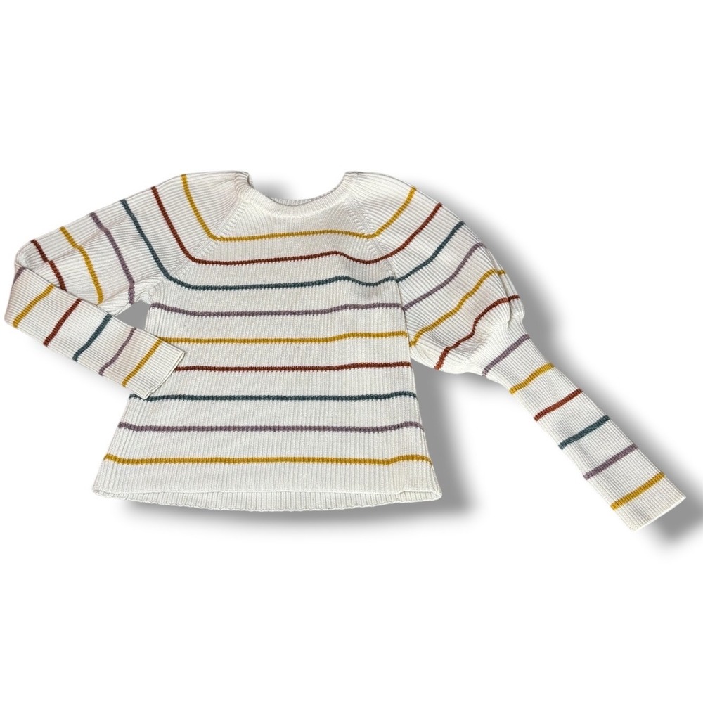 Saylor Keane Sweater Small Cream Rainbow Stripe Puff Sleeve Ribbed Knit Pullover